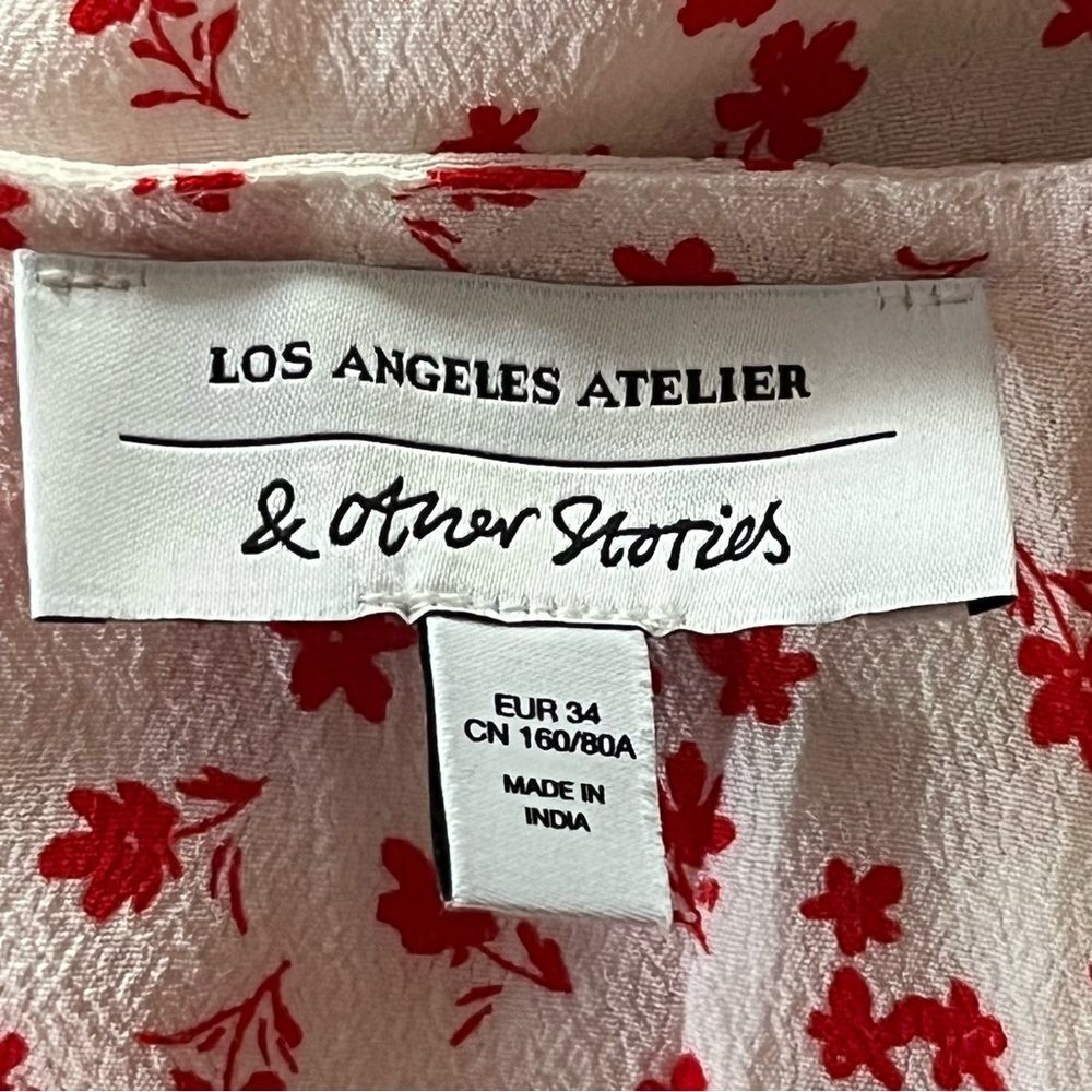 & Other Stories Floral Wrap Mini Dress Red White Ditzy Print V Neck Size Medium - Picture 7 of 9